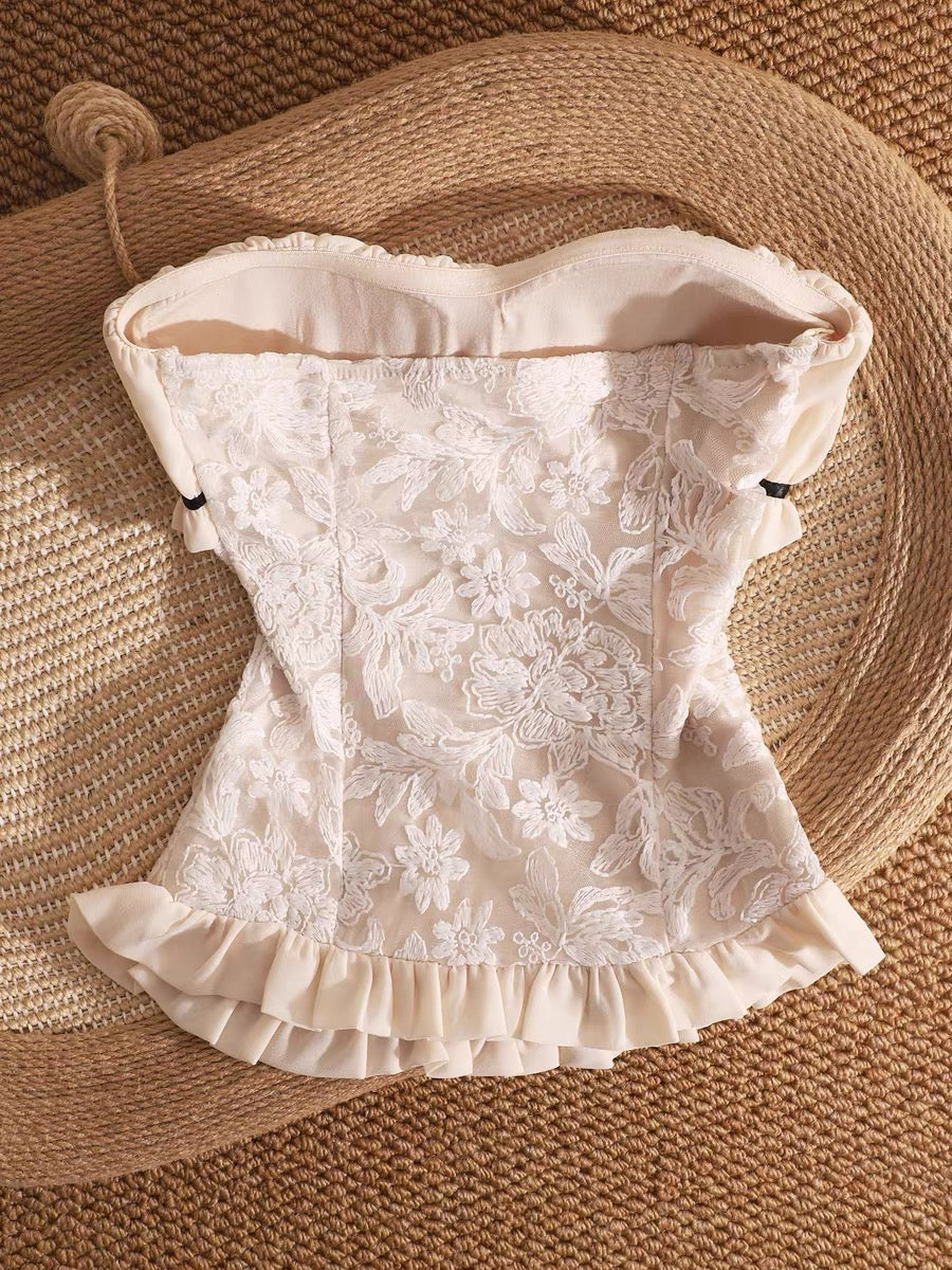 Sweet and versatile lace jacquard strapless vest for women, worn as outerwear with bra pads, off-the-shoulder, sexy, waist-cinching sleeveless top.