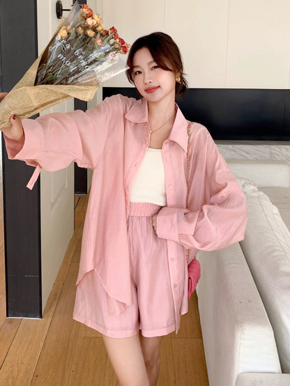 Pink Casual Sun Protection Suit Summer Women 2024 New Age Reduction Loose Lightweight Shirt Top Shorts Two-piece Set