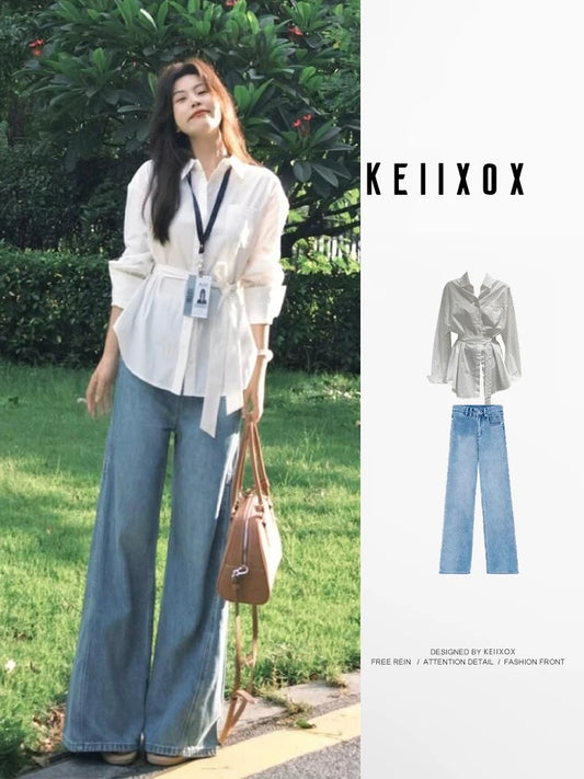 Early autumn outfit 2025 age-reducing outfit white long-sleeved shirt wide-leg jeans two-piece suit