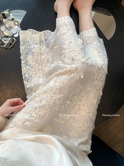 Lazy Style White 3D Lace Sequin Midi Skirt for Women, Spring 2026 New Arrival, French Chic, Flowy and Slimming Skirt