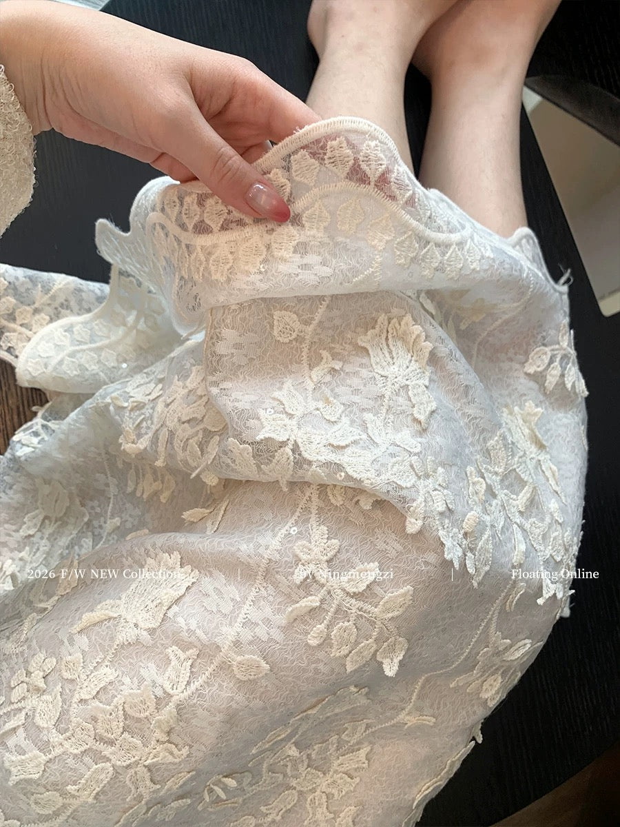 Lazy Style White 3D Lace Sequin Midi Skirt for Women, Spring 2026 New Arrival, French Chic, Flowy and Slimming Skirt