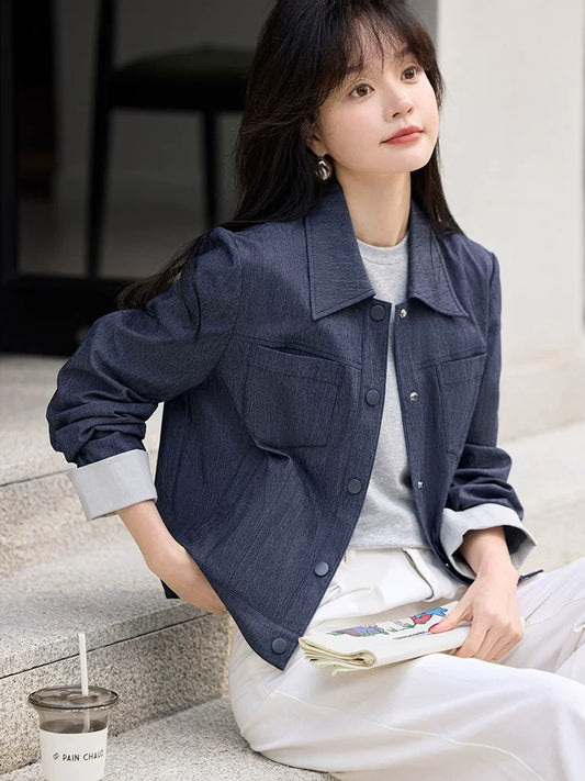 Mohan Yimei casual retro contrast color stitching fashion jacket 2025 spring new design versatile women's jacket