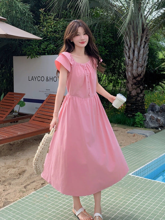 Pink Feifei Sleeve Dress Women's 2024 Summer New French Sweet Age-Reducing Loose Belly Covering Beautiful Long Dress