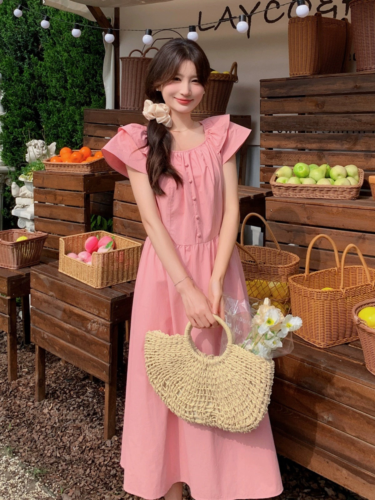 Pink Feifei Sleeve Dress Women's 2024 Summer New French Sweet Age-Reducing Loose Belly Covering Beautiful Long Dress