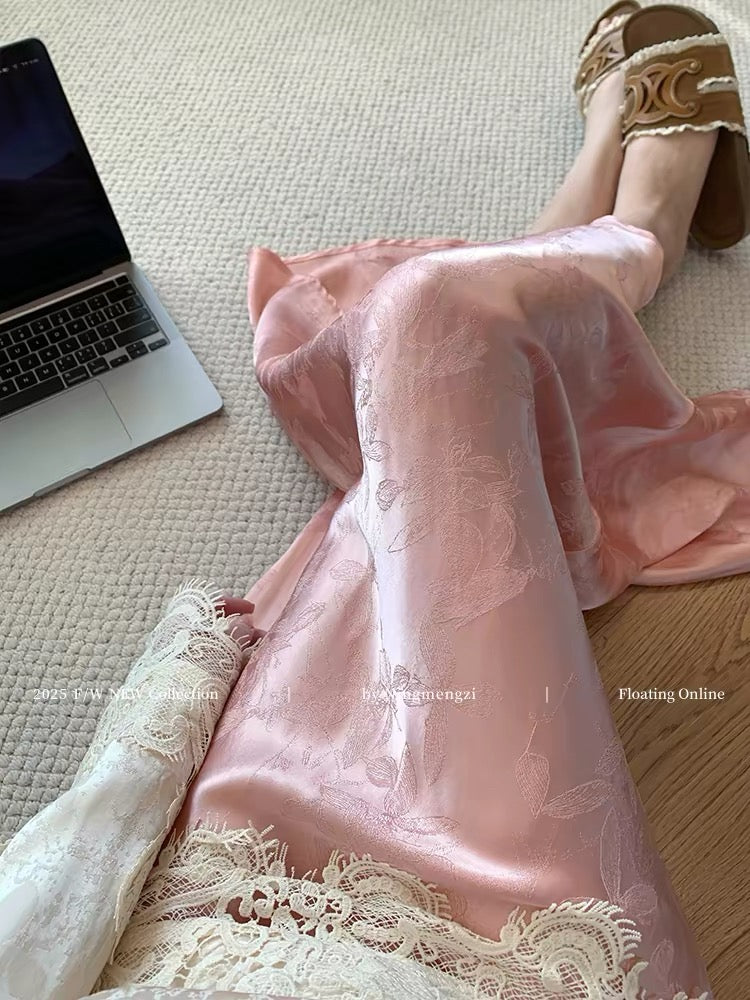 New Chinese style pink acetate jacquard fishtail skirt for women, 2025 new style, high-end and elegant bodycon skirt.