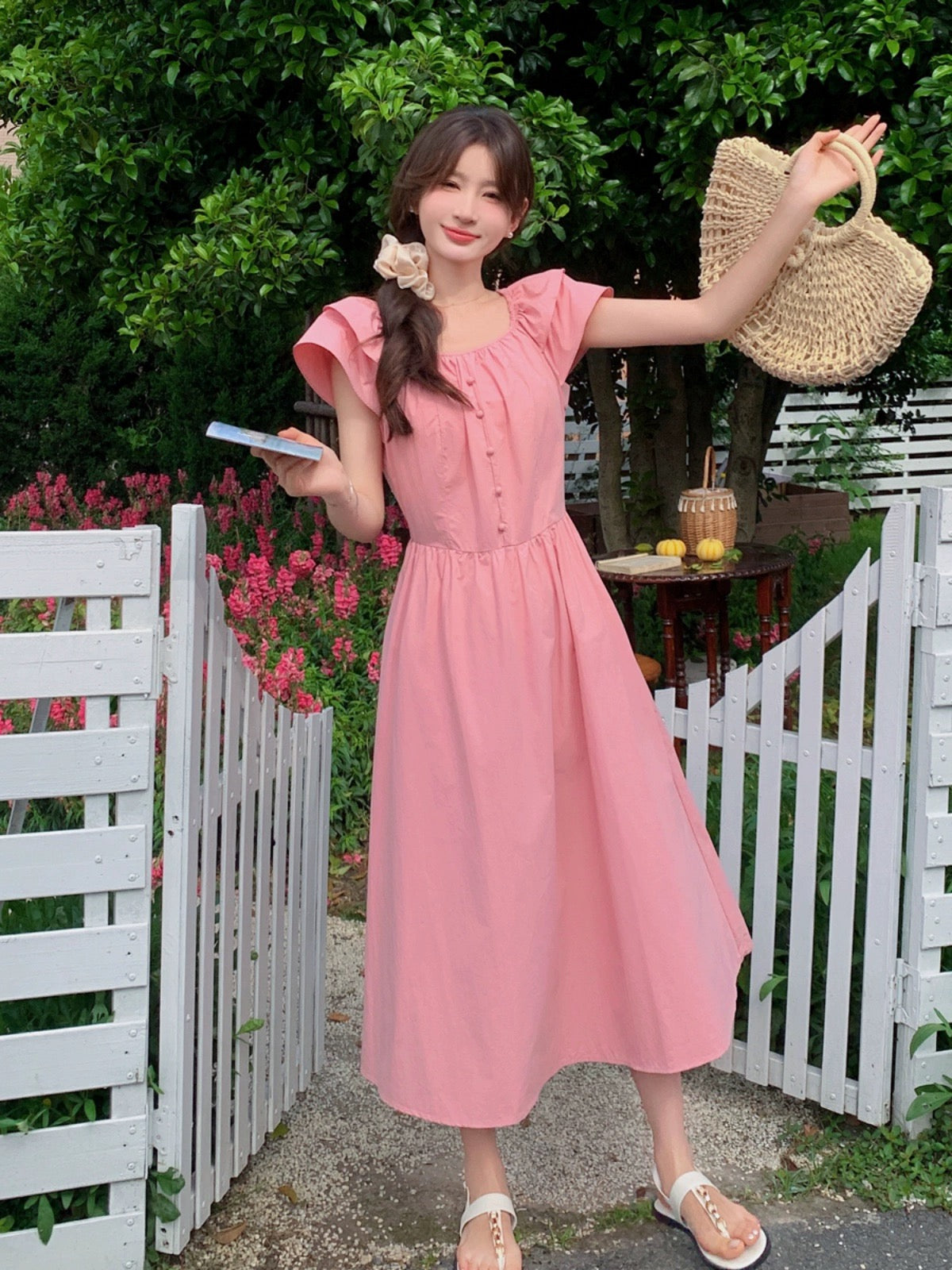 Pink Feifei Sleeve Dress Women's 2024 Summer New French Sweet Age-Reducing Loose Belly Covering Beautiful Long Dress