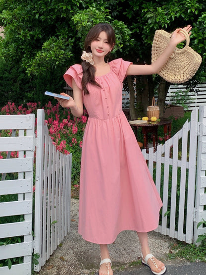 Pink Feifei Sleeve Dress Women's 2024 Summer New French Sweet Age-Reducing Loose Belly Covering Beautiful Long Dress