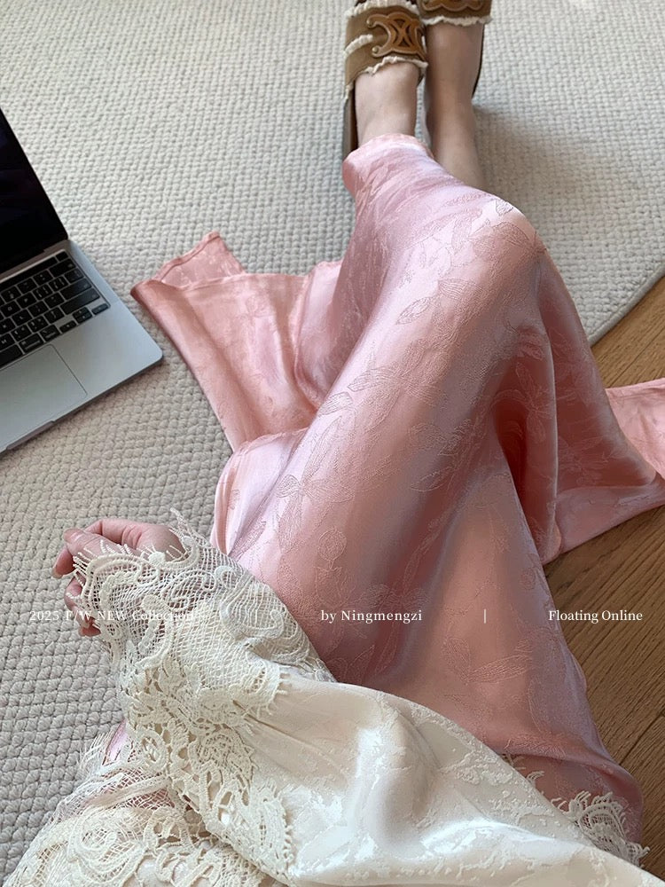 New Chinese style pink acetate jacquard fishtail skirt for women, 2025 new style, high-end and elegant bodycon skirt.