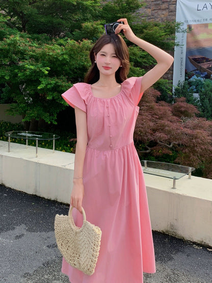 Pink Feifei Sleeve Dress Women's 2024 Summer New French Sweet Age-Reducing Loose Belly Covering Beautiful Long Dress