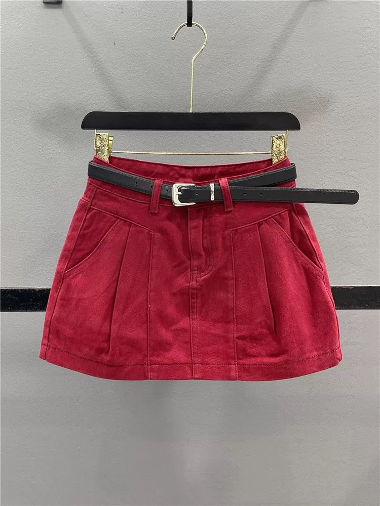Fashionable red denim skirt for women 2025 summer new style pleated design slimming hot girl A-line hip skirt