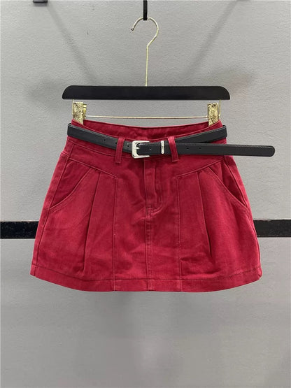 Fashionable red denim skirt for women 2025 summer new style pleated design slimming hot girl A-line hip skirt