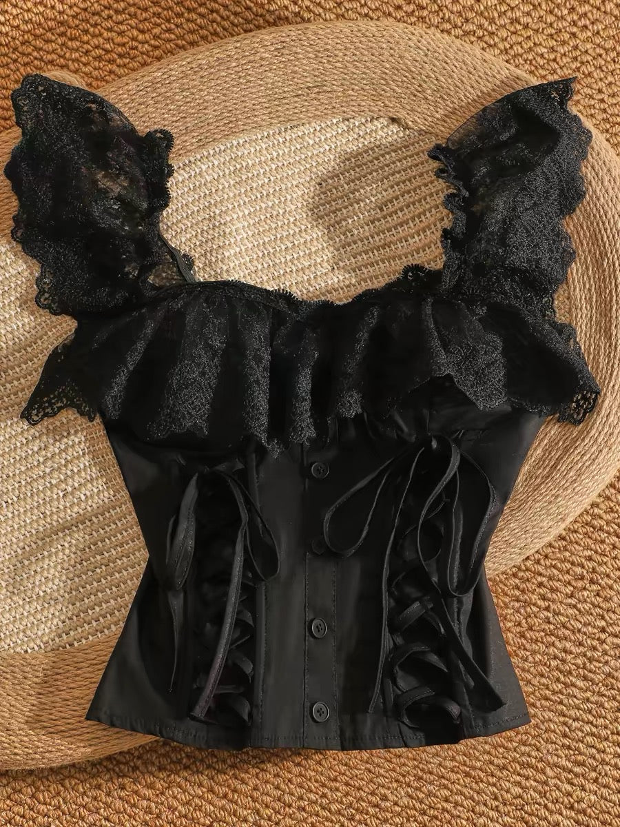 Black lace cropped camisole top, a unique design for women, slimming and flattering, perfect for a sexy look.