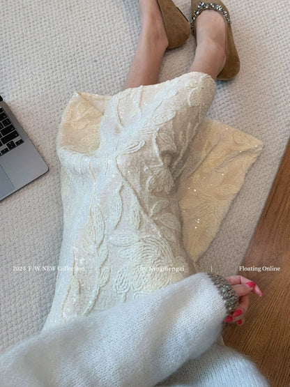 Sequined Embroidered White Velvet Fishtail Skirt for Women, 2025 Autumn/Winter New Style, French Chic, Gentle and Versatile Skirt