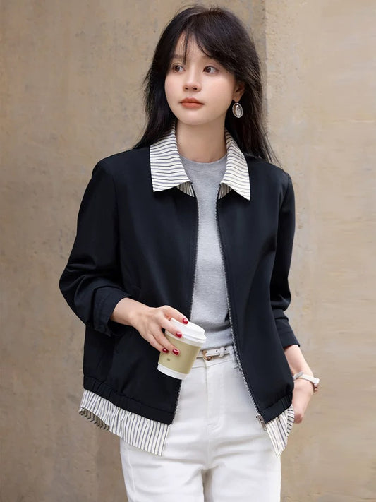 Mohan Yimei contrast color striped stitching workwear style women's jacket 2025 spring new design long sleeve women's jacket