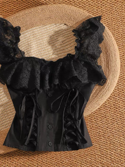 Black lace cropped camisole top, a unique design for women, slimming and flattering, perfect for a sexy look.