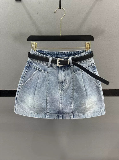 Fashionable red denim skirt for women 2025 summer new style pleated design slimming hot girl A-line hip skirt