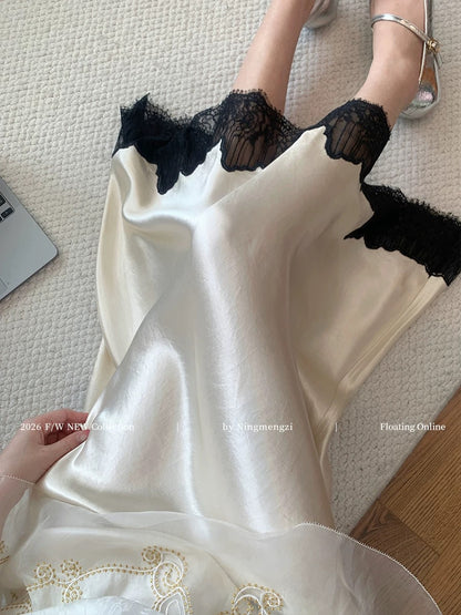 New Chinese style lace-trimmed acetate midi skirt for women, 2026 early spring new style, French temperament, draped and slimming long skirt.