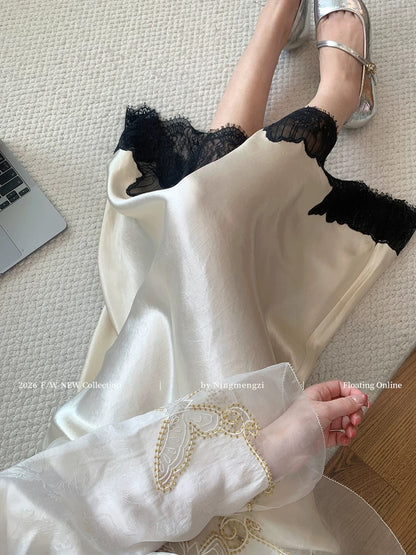 New Chinese style lace-trimmed acetate midi skirt for women, 2026 early spring new style, French temperament, draped and slimming long skirt.