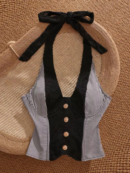 2026 Spring Halter Striped Tank Top for Women, Sexy, Slimming, and Color-Blocked, Perfect for Inner Wear or Outer Wear