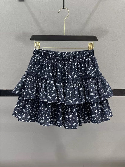 Retro floral cake skirt for women 2025 summer new style ruffled high waist slim A-line puffy short skirt