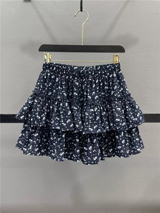 Retro floral cake skirt for women 2025 summer new style ruffled high waist slim A-line puffy short skirt
