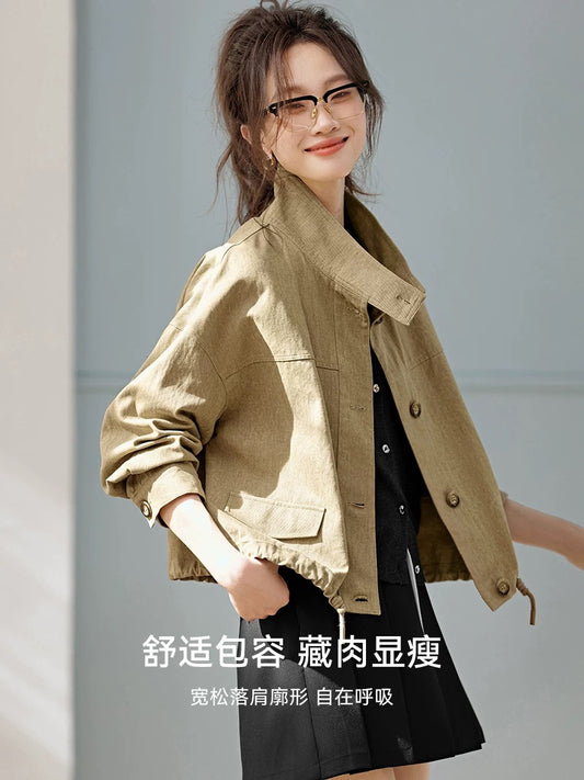 Mohan Yimei stir-fried washed cotton casual jacket 2025 autumn new retro fashionable slightly wide workwear jacket for women