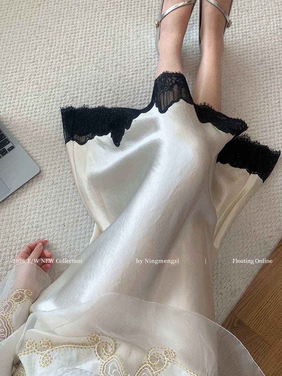 New Chinese style lace-trimmed acetate midi skirt for women, 2026 early spring new style, French temperament, draped and slimming long skirt.