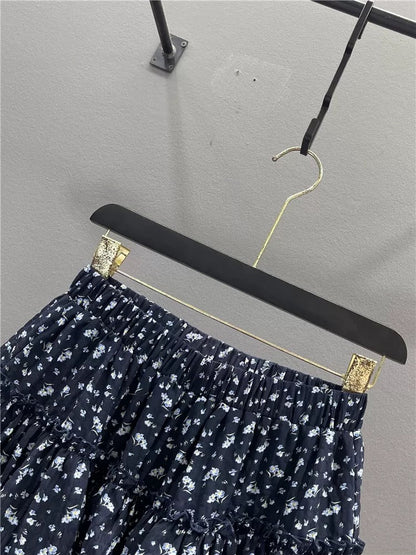 Retro floral cake skirt for women 2025 summer new style ruffled high waist slim A-line puffy short skirt