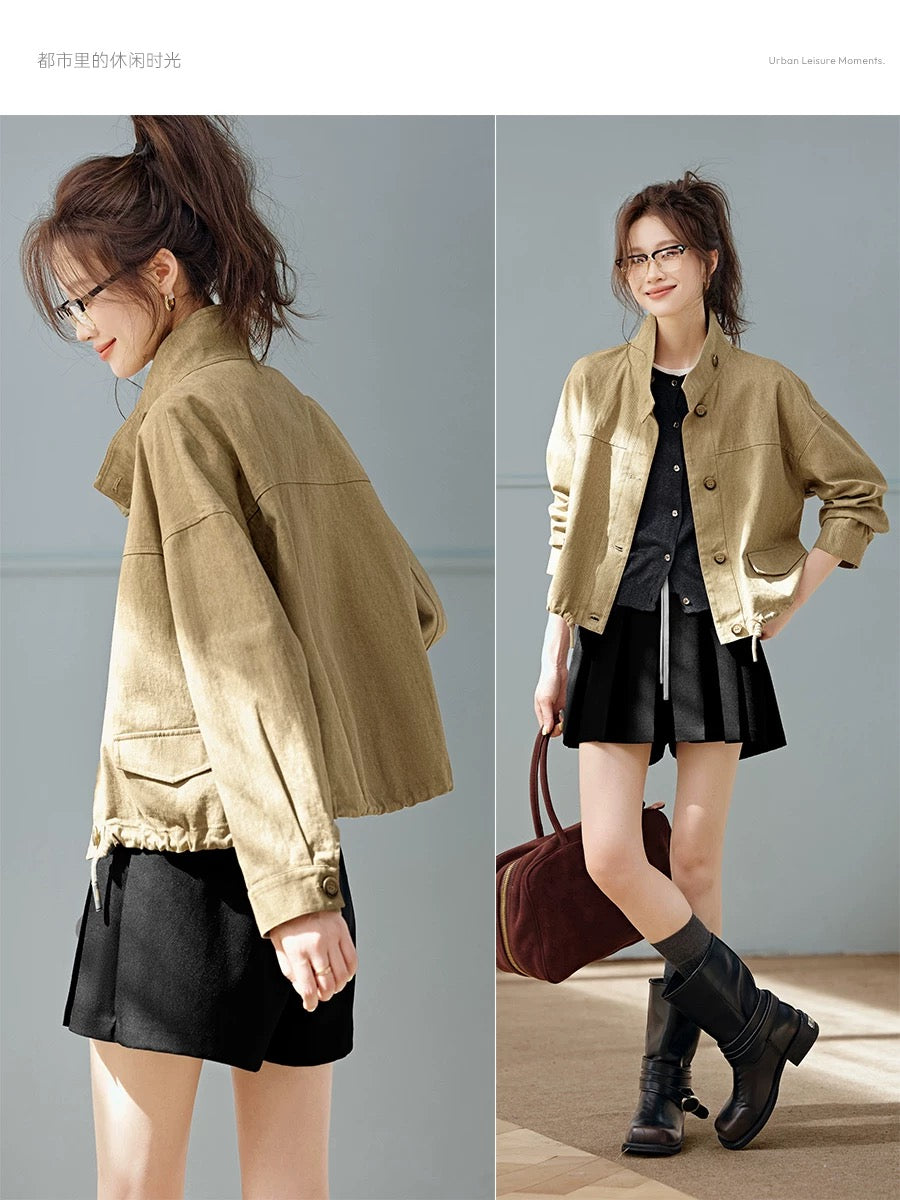 Mohan Yimei stir-fried washed cotton casual jacket 2025 autumn new retro fashionable slightly wide workwear jacket for women