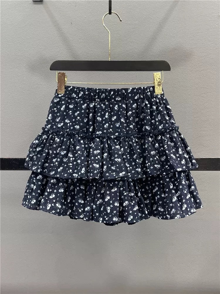 Retro floral cake skirt for women 2025 summer new style ruffled high waist slim A-line puffy short skirt