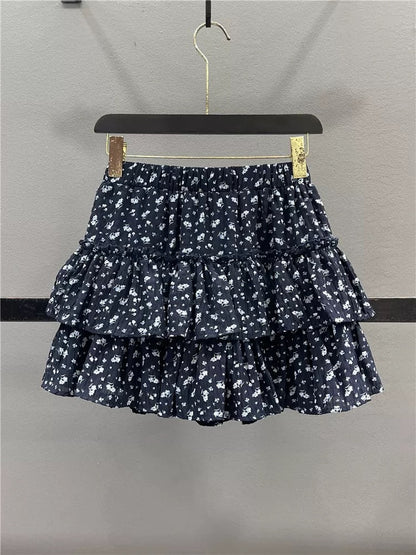Retro floral cake skirt for women 2025 summer new style ruffled high waist slim A-line puffy short skirt