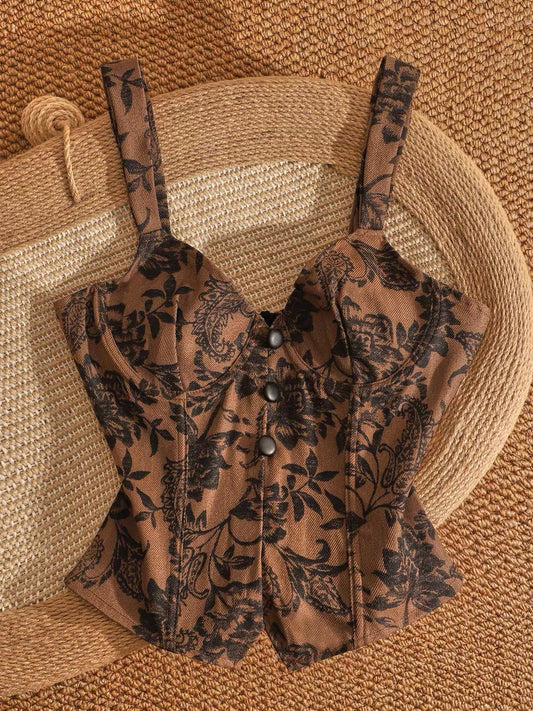 Retro print floral print hot girl camisole top with waist-cinching design, unique and stylish, slimming and flattering.