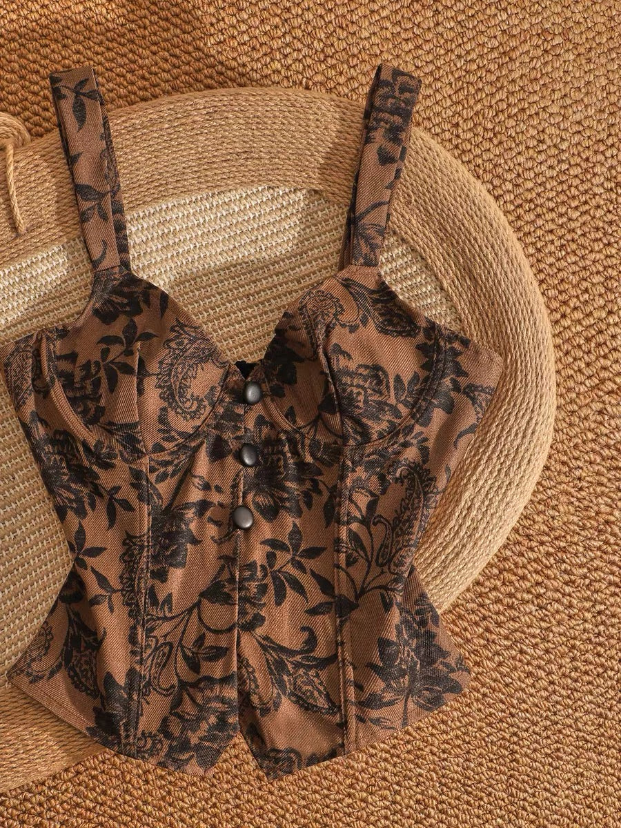 Retro print floral print hot girl camisole top with waist-cinching design, unique and stylish, slimming and flattering.
