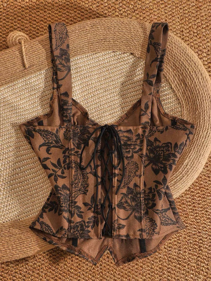 Retro print floral print hot girl camisole top with waist-cinching design, unique and stylish, slimming and flattering.