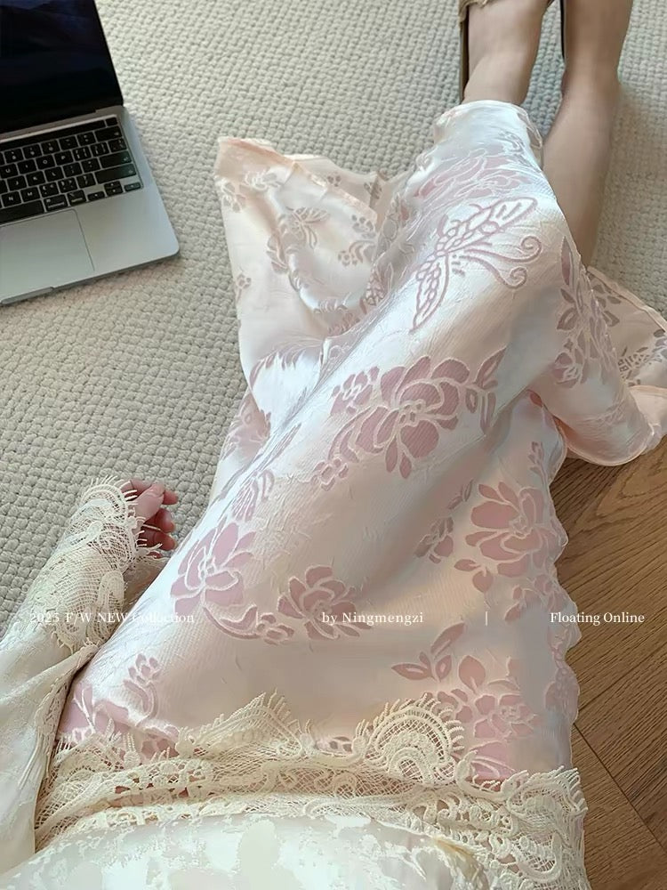 Pink velvet jacquard new Chinese style fishtail skirt for women, 2025 spring new style French high-end temperament long skirt