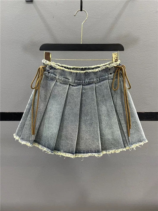 American retro pleated denim skirt for women 2025 summer new style strappy high waist slim hot girl A-line skirt