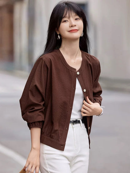 Mohan Yimei round neck basic short thin women's jacket 2025 winter new casual versatile long sleeve women's jacket