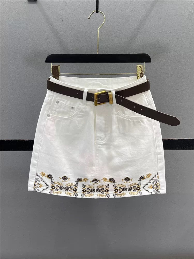 European retro embroidered white denim skirt for women 2025 summer all-match high waist slim A-line hip skirt