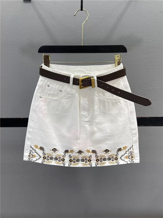 European retro embroidered white denim skirt for women 2025 summer all-match high waist slim A-line hip skirt