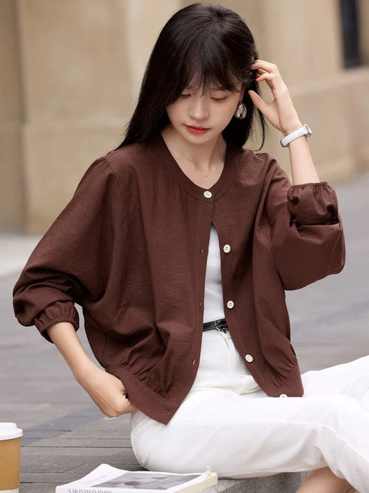 Mohan Yimei round neck basic short thin women's jacket 2025 winter new casual versatile long sleeve women's jacket