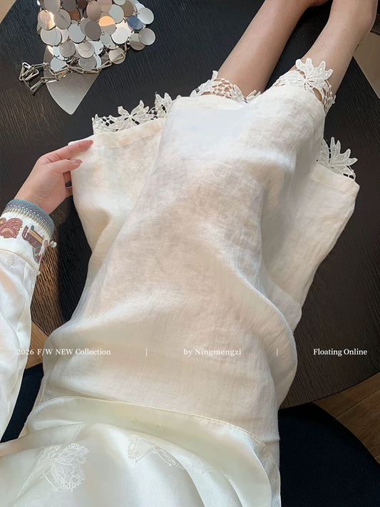 Old-fashioned style white double-layered lace-trimmed linen midi skirt for women, new spring 2026 style, unique and casual skirt.