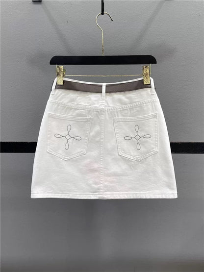 European retro embroidered white denim skirt for women 2025 summer all-match high waist slim A-line hip skirt