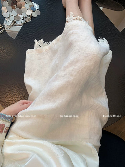 Old-fashioned style white double-layered lace-trimmed linen midi skirt for women, new spring 2026 style, unique and casual skirt.