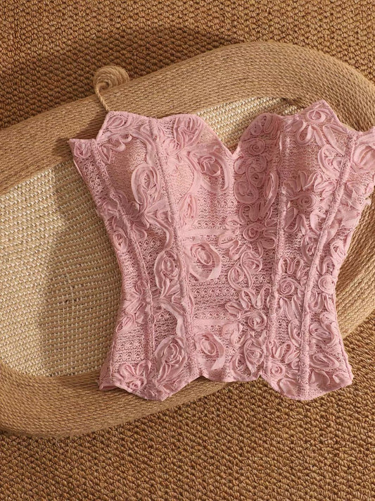 Pure and sweet woven floral fishbone corset camisole for women, suitable for wearing as outerwear, with a unique and sweet design.