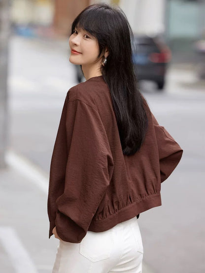 Mohan Yimei round neck basic short thin women's jacket 2025 winter new casual versatile long sleeve women's jacket