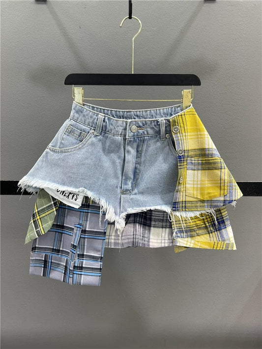 Zhang Yuanying and Zhao Zhaoyi same style skirt for women 2024 summer irregular splicing culottes hot girl denim short skirt trendy