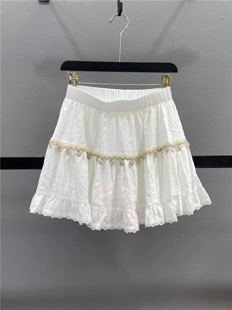 White lace cake skirt female 2025 summer design tassel slim A-line puffy skirt short skirt