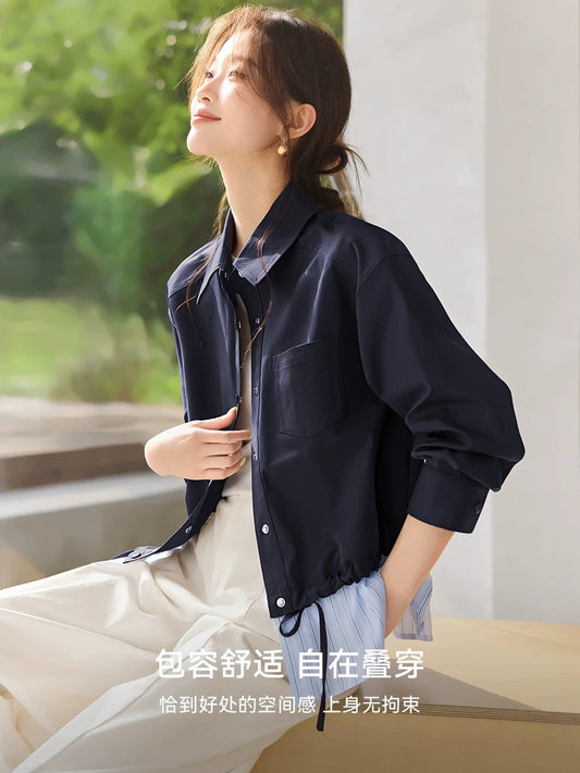 Mohan Yimei fake two-piece shirt jacket 2025 autumn new contrast striped design splicing jacket for women