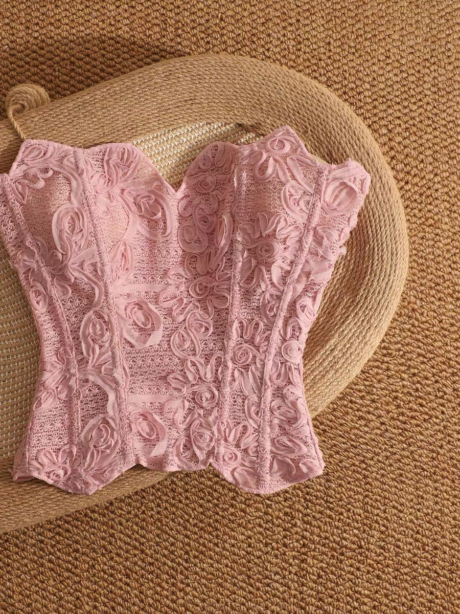 Pure and sweet woven floral fishbone corset camisole for women, suitable for wearing as outerwear, with a unique and sweet design.