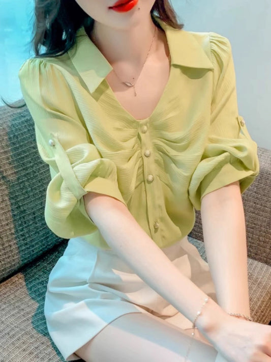 Korean style loose three-quarter sleeve shirt tops for women professional early spring 2024 summer new temperament versatile chiffon shirt